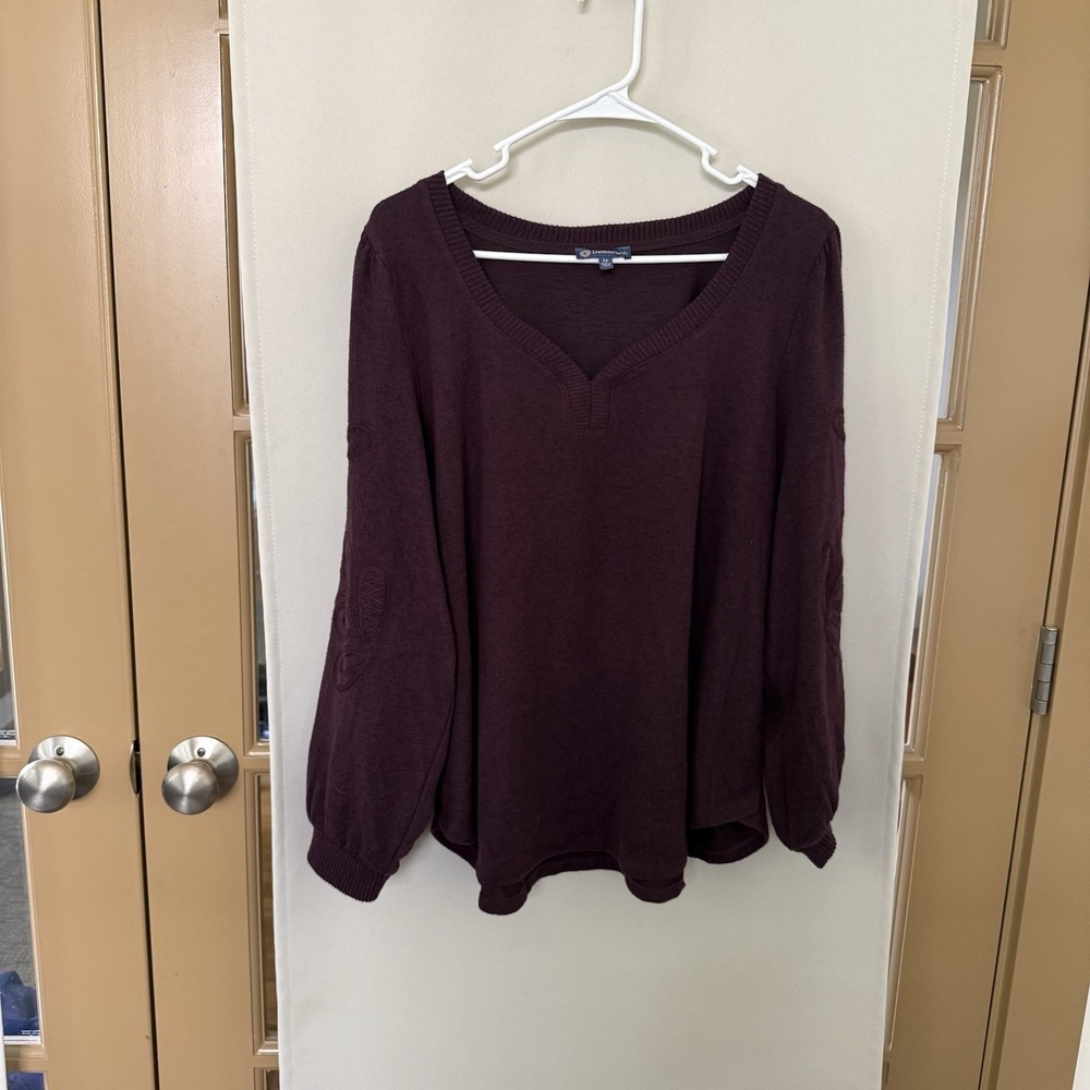 Democracy Womens 1X Purple V-Nevk Embroidered Long Sleeve Sweater Top